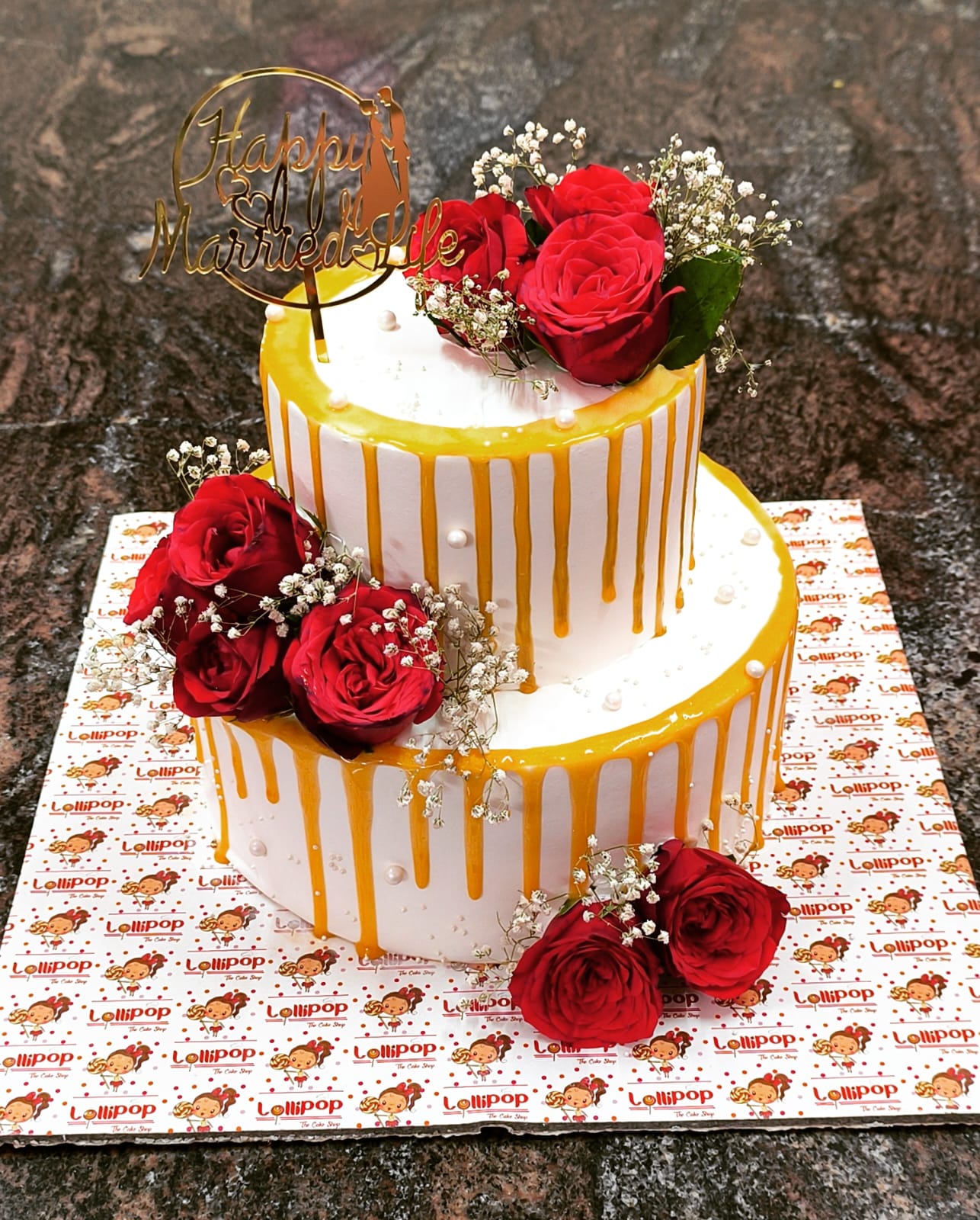 Golden Drip Rose 2-Tier Wedding Cake
